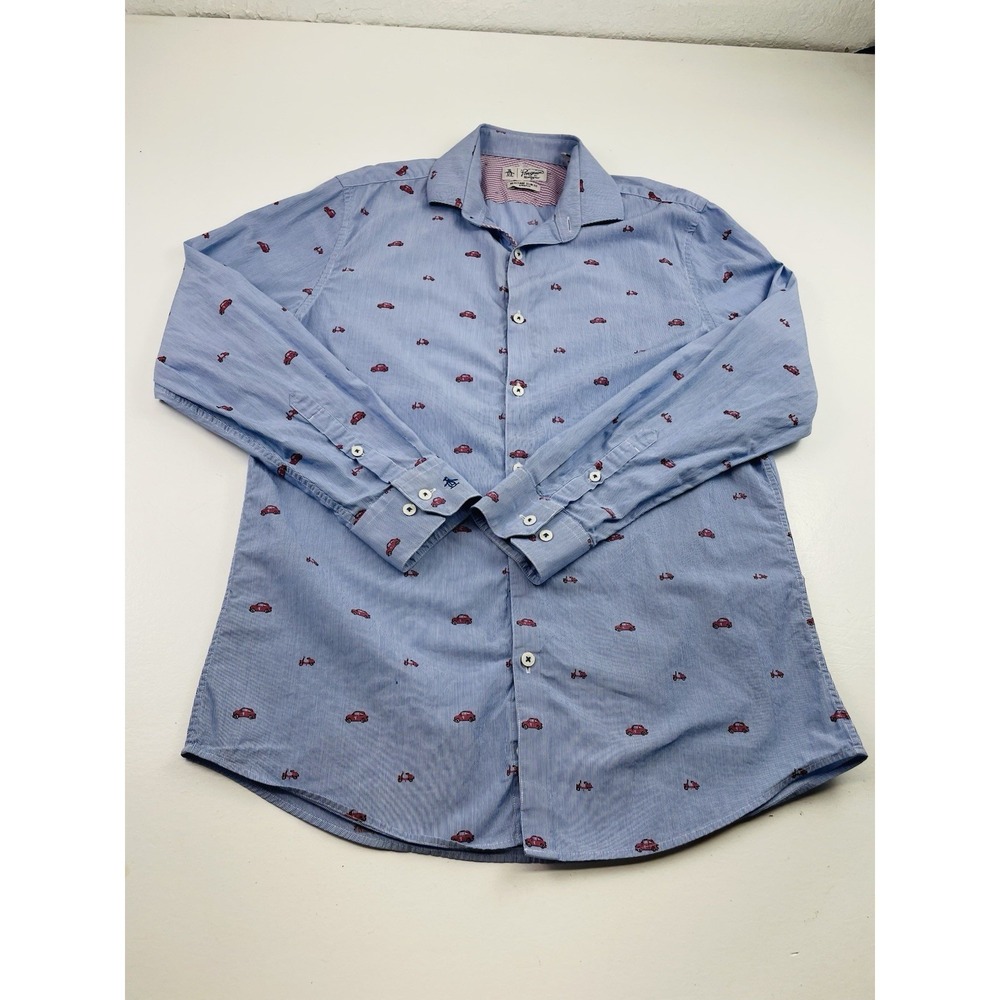 Penguin Heritage Men Shirt Size 16.5 (M) Slim Fit Button Up Car Print Casual